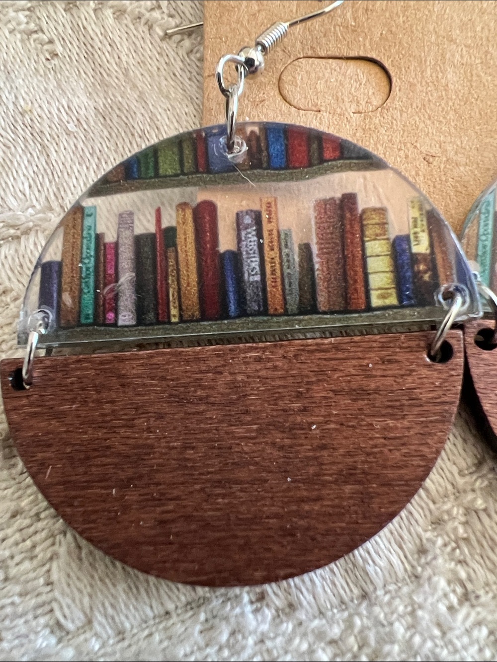Wood & Book Print Round Dangle Earrings - Brown - Picture 2 of 2